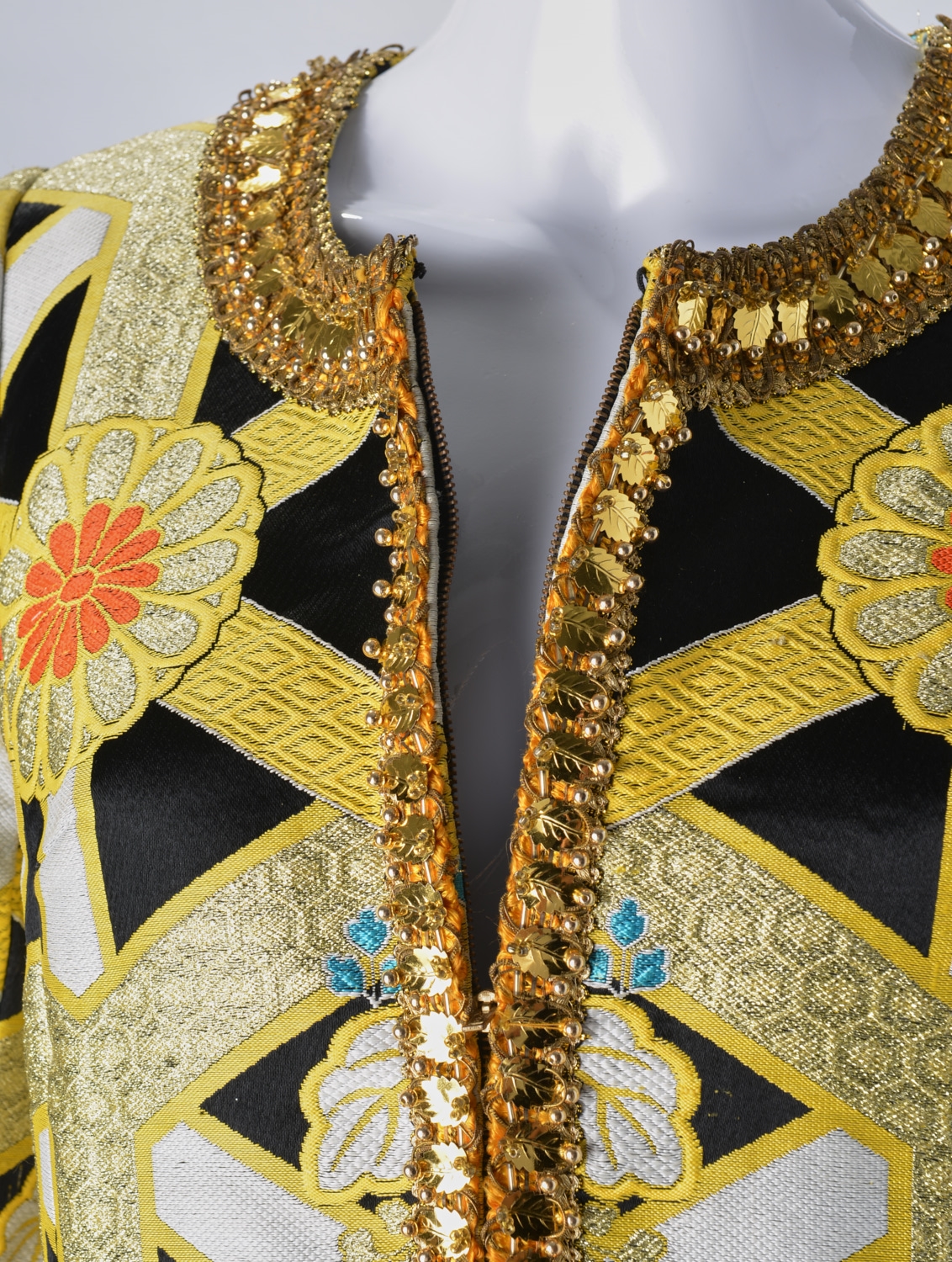 Artwork by Hanae Mori, floral design on black, Made of black, white & yellow