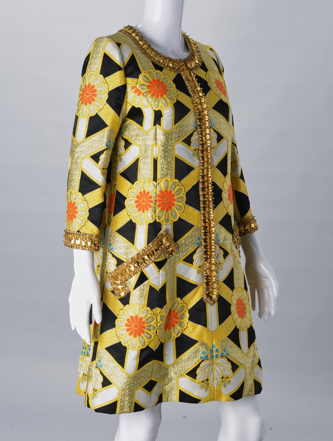 Artwork by Hanae Mori, floral design on black, Made of black, white & yellow