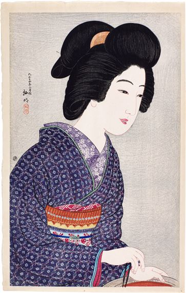 Geisha sitting by a brazier by Takahashi Shōtei, February, 1925