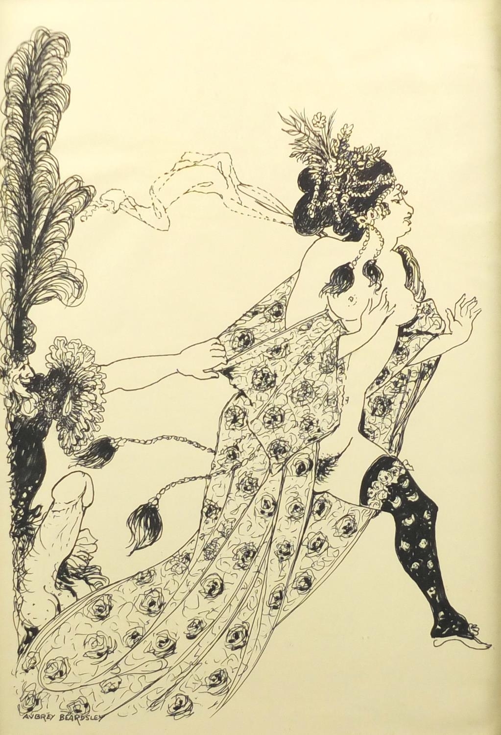 Artwork by Aubrey Beardsley, Manner of Aubrey Beardsley - Erotic theme with nude female, Made of pen and ink, mounted and