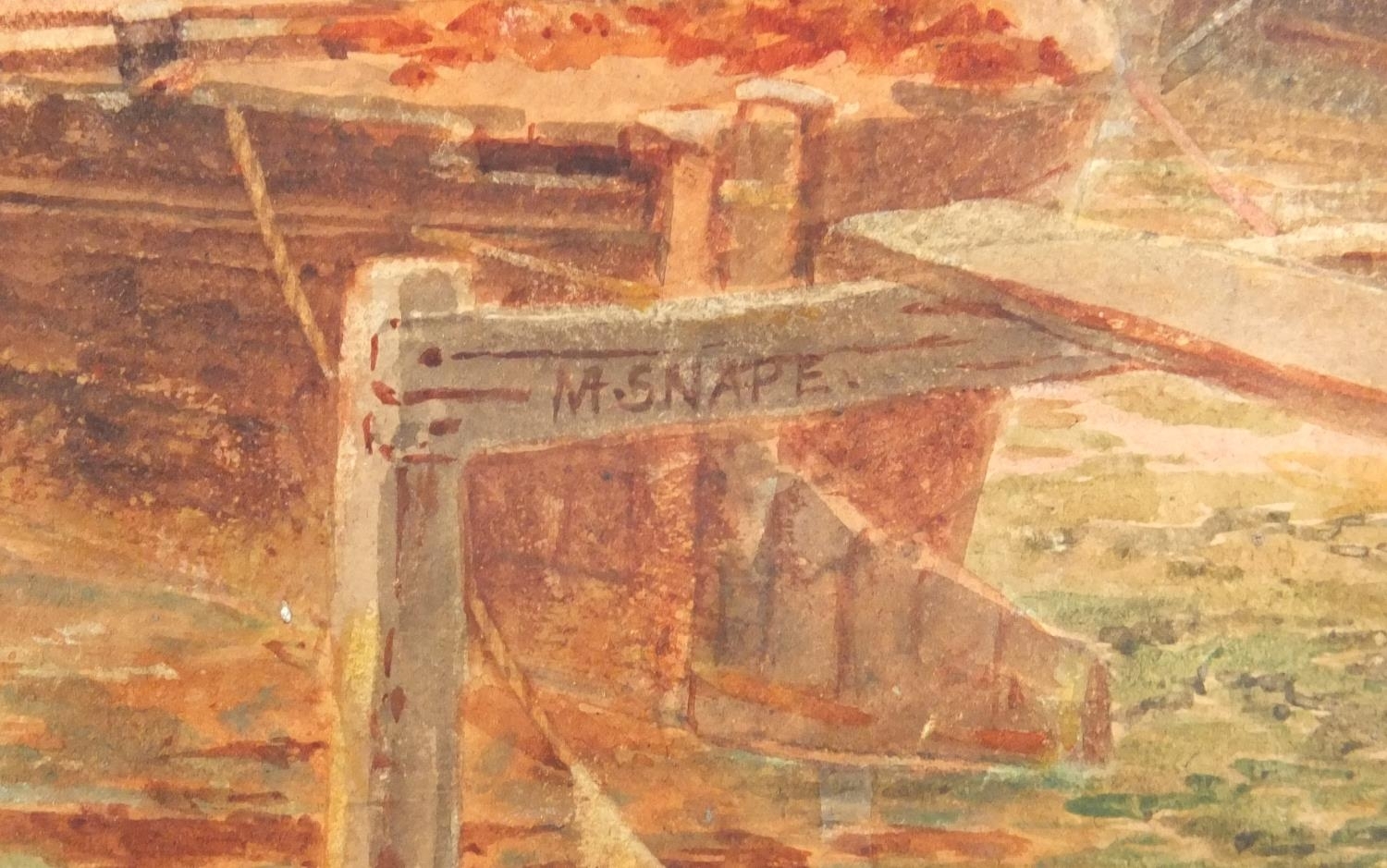 Artwork by Martin Snape, Martin Snape - Moored fishing boats before a harbour, Made of watercolour on paper laid on card