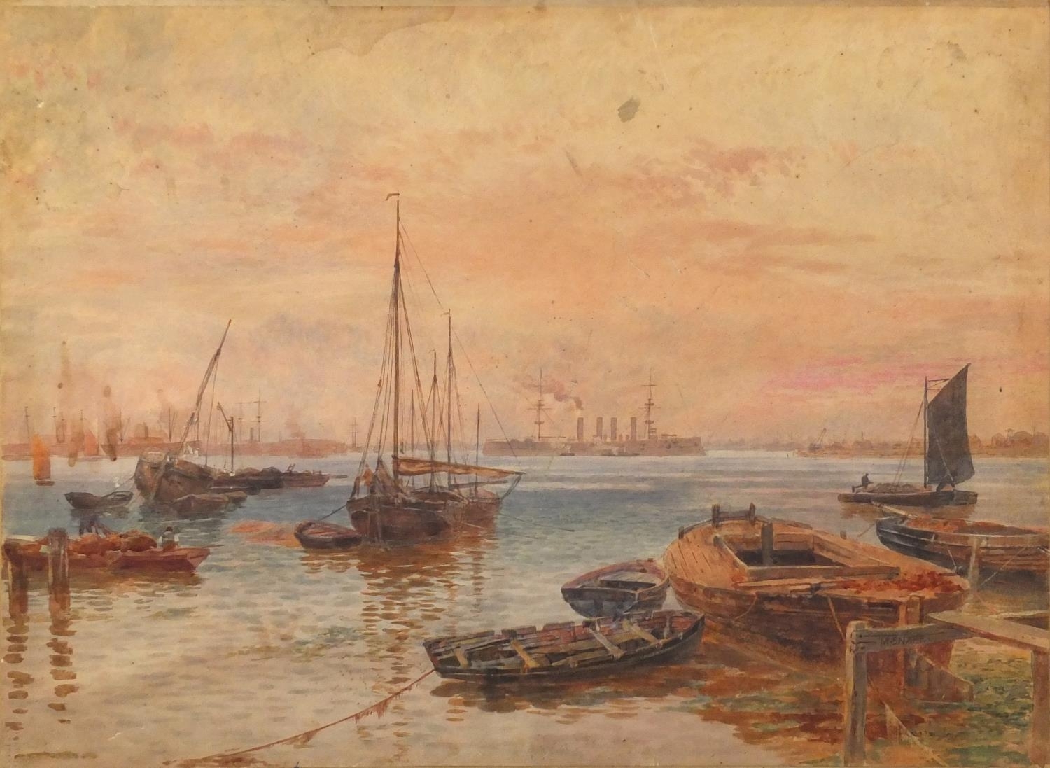 Artwork by Martin Snape, Martin Snape - Moored fishing boats before a harbour, Made of watercolour on paper laid on card