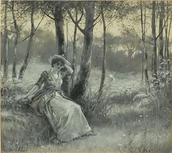 Paul Hardy - Heightened watercolour study of a female sat in a woodland setting - Paul Hardy
