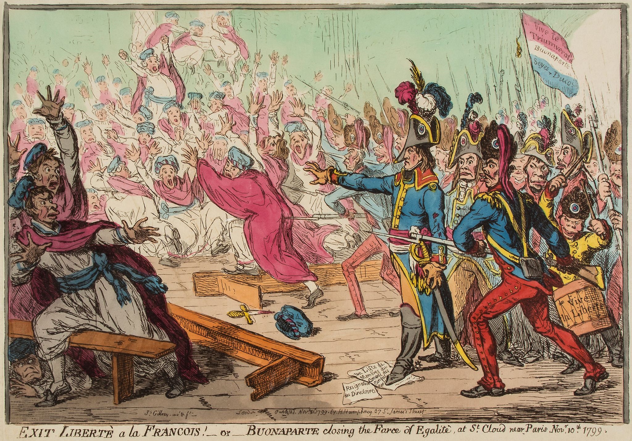 Artwork by James Gillray, Gillray (James) - Exit Libertè a la Francois! _or_ Buonaparte closing the Farce of Egalitè, Made of hand coloured etching