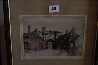 Gertrude E Offord (Norwich Art Circle) River scene Watercolour Signed lower left 24cm x 35cm; Henry Sheppard Dale Church Scene Etching Signed in pencil to the margin 32.5cm x 22cm; Arthur Spence An entrance to a fortified town Lithograph Signed in pencil to the margin 15.5cm x 22cm; And a quantity of prints - Gertrude E Offord