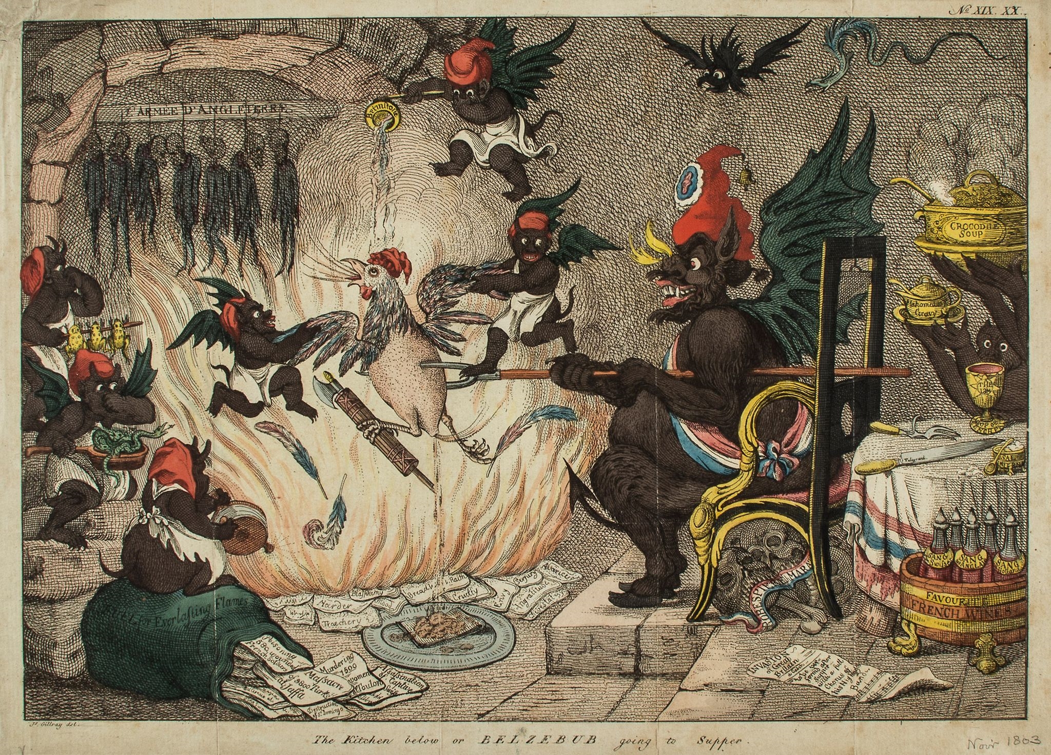 Artwork by James Gillray, Gillray (James) - The Corsican Pest _ or _ Belzebub going to Supper, Made of hand coloured etching