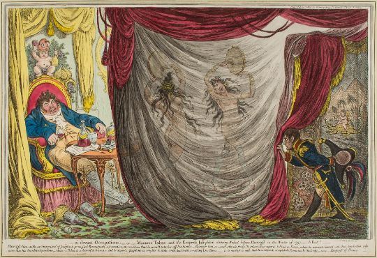 Gillray (James) - - ci-devant Occupations - or - Madame Talian and the Empress Josephine dancing Naked before Barrass by James Gillray, 1797