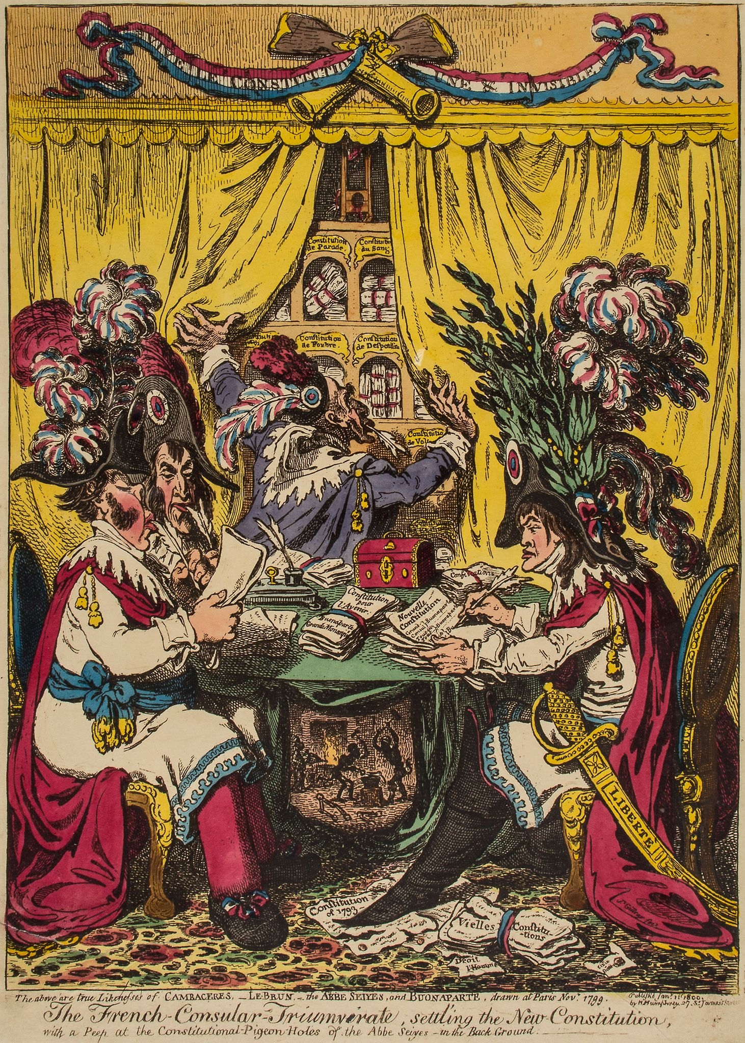 Artwork by James Gillray, Gillray (James) - Exit Libertè a la Francois! _or_ Buonaparte closing the Farce of Egalitè, Made of hand coloured etching