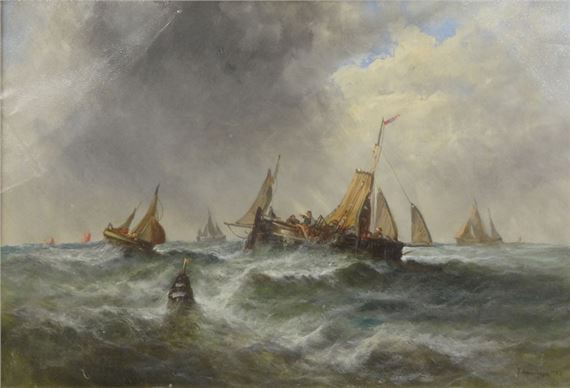 Edwin Hayes | Edwin Hayes RHA- Oil onto board of ships on a stormy sea ...