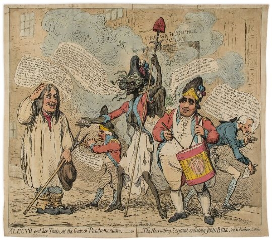 Artwork by James Gillray, Gillray (James) - Alecto and her Train, Made of hand coloured engraving on laid paper