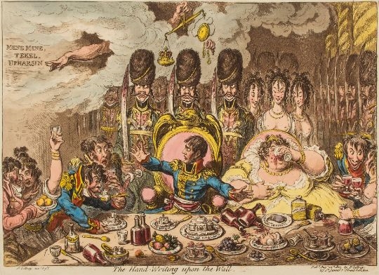 Artwork by James Gillray, Gillray (James) - The Hand-Writing upon the Wall, Made of hand coloured etching with aquatint