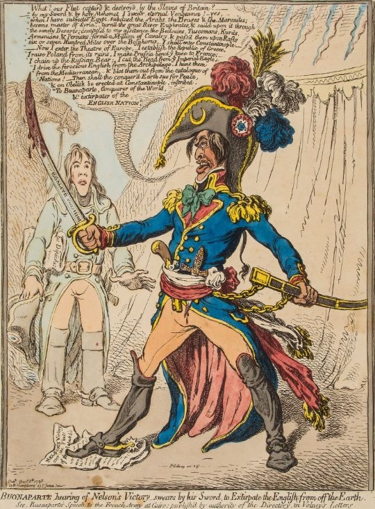 Artwork by James Gillray, Gillray (James) - Buonaparte hearing of Nelson's Victory, Made of hand coloured etching