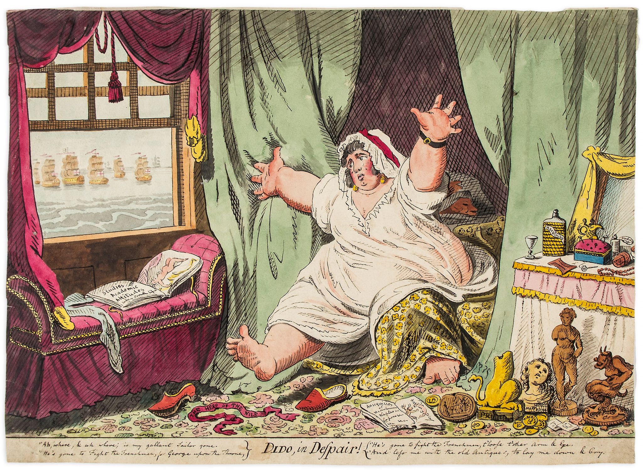 Artwork by James Gillray, Gillray (James) - Progress of the Toilet.-Dress Completed.-Plate 3., Made of pen and ink and watercolour