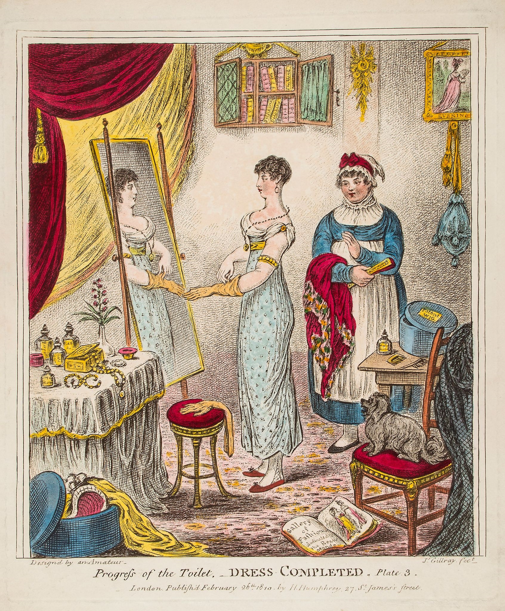 Artwork by James Gillray, Gillray (James) - Progress of the Toilet.-Dress Completed.-Plate 3., Made of pen and ink and watercolour