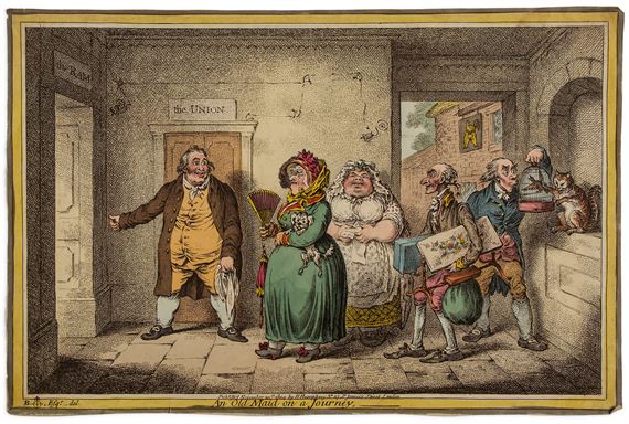 Gillray (James) - An Old Maid on a Journey; A broad hint of not meaning to Dance;... An Old Maid on a Journey; A broad hint of not meaning to Dance; Company shocked at a Lady getting up to Ring the Bell by James Gillray