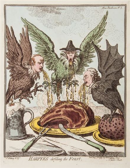 Gillray (James) New Pantheon of Democratic Mythology the set of 7 hand-coloured etchings comprising pictorial emblematic title and 6 plates