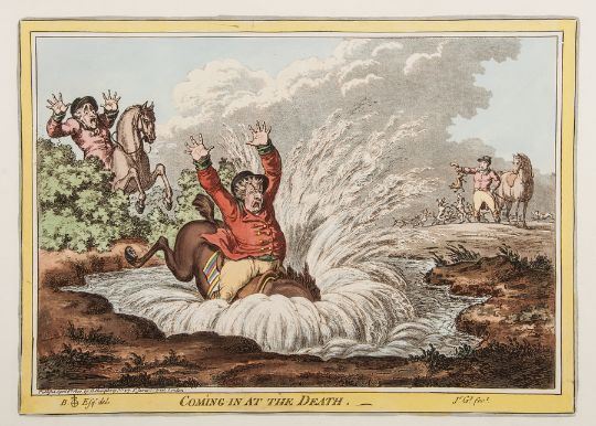 Gillray (James) [Hunting Scenes] the set of 4 hand-coloured etchings with aquatint with yellow wash border