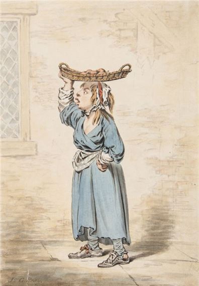 Gillray (James) A street seller carrying a basket of goods on her head watercolour over pencil