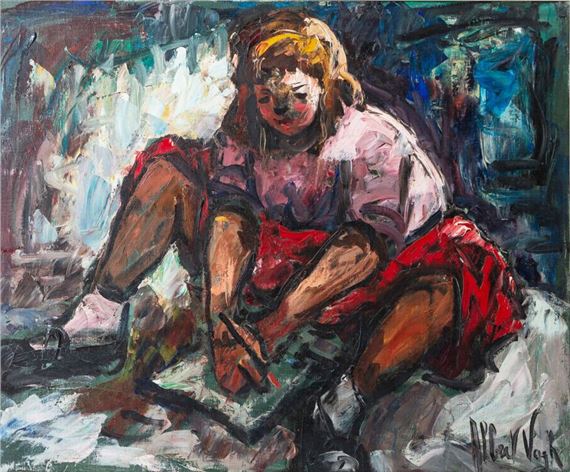 A raw, expressive portrait of a seated figure in red and pink tones.
