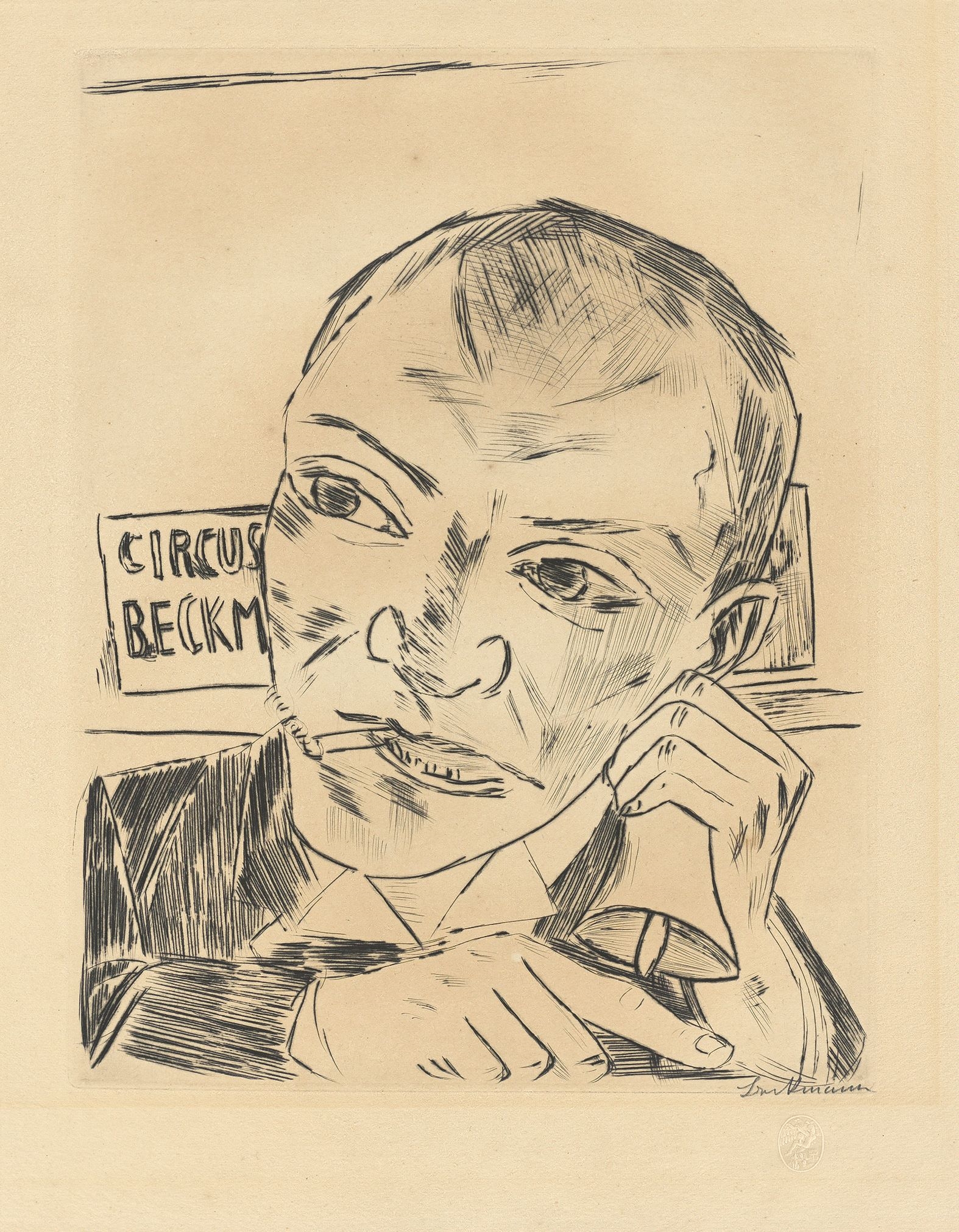 Artwork by Max Beckmann, ”Der Ausrufer (Selbstbildnis)”., Made of Drypoint on wove paper