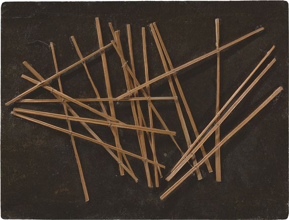 ”Holzstäbchen vor dunklem Grund”. by Hermann Glöckner, 1950