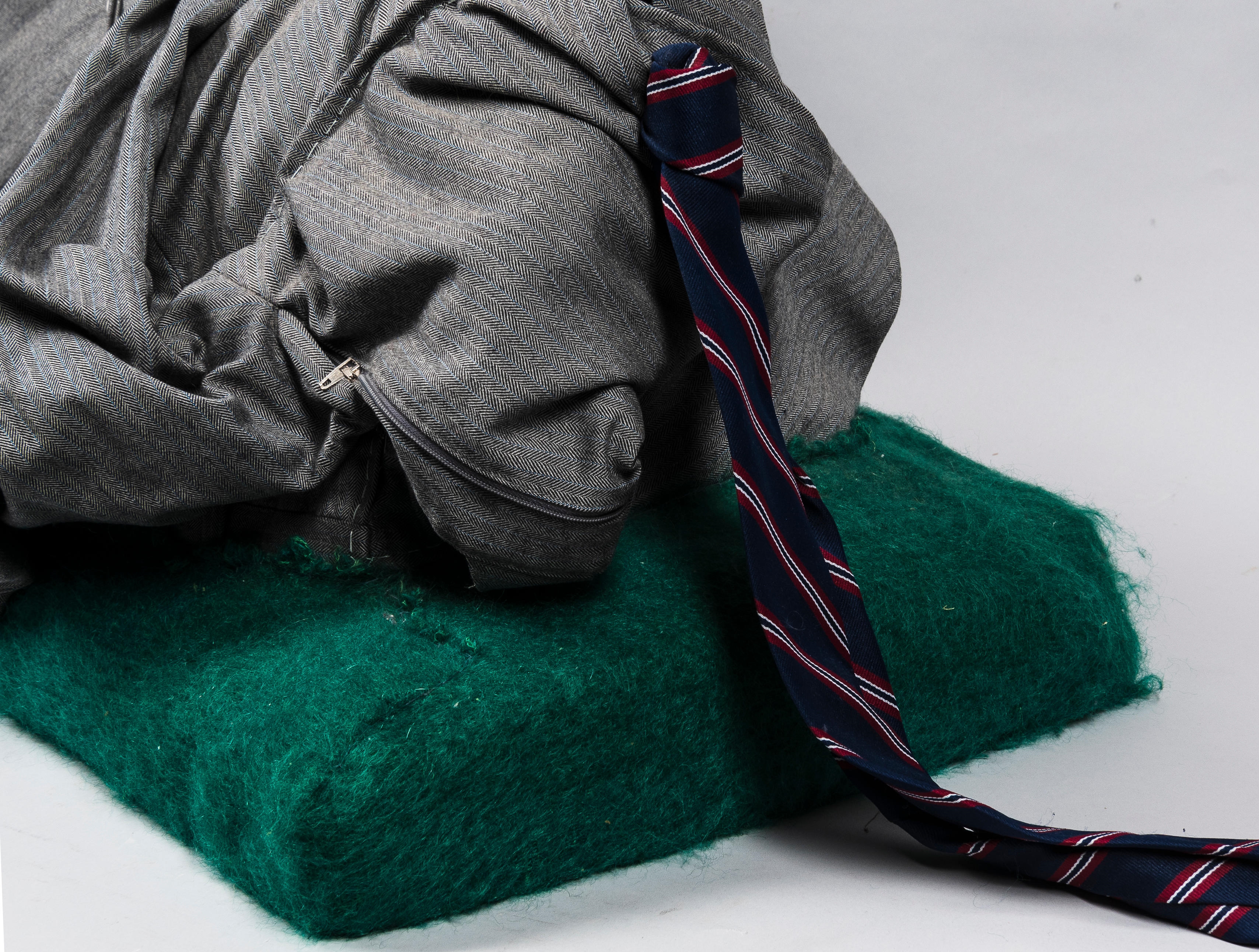 Artwork by Christian Holstad, House Training #1 (Dancing Goats), Made of mixed media including wool, leather, polyester, rubber, chicken wire, and linen