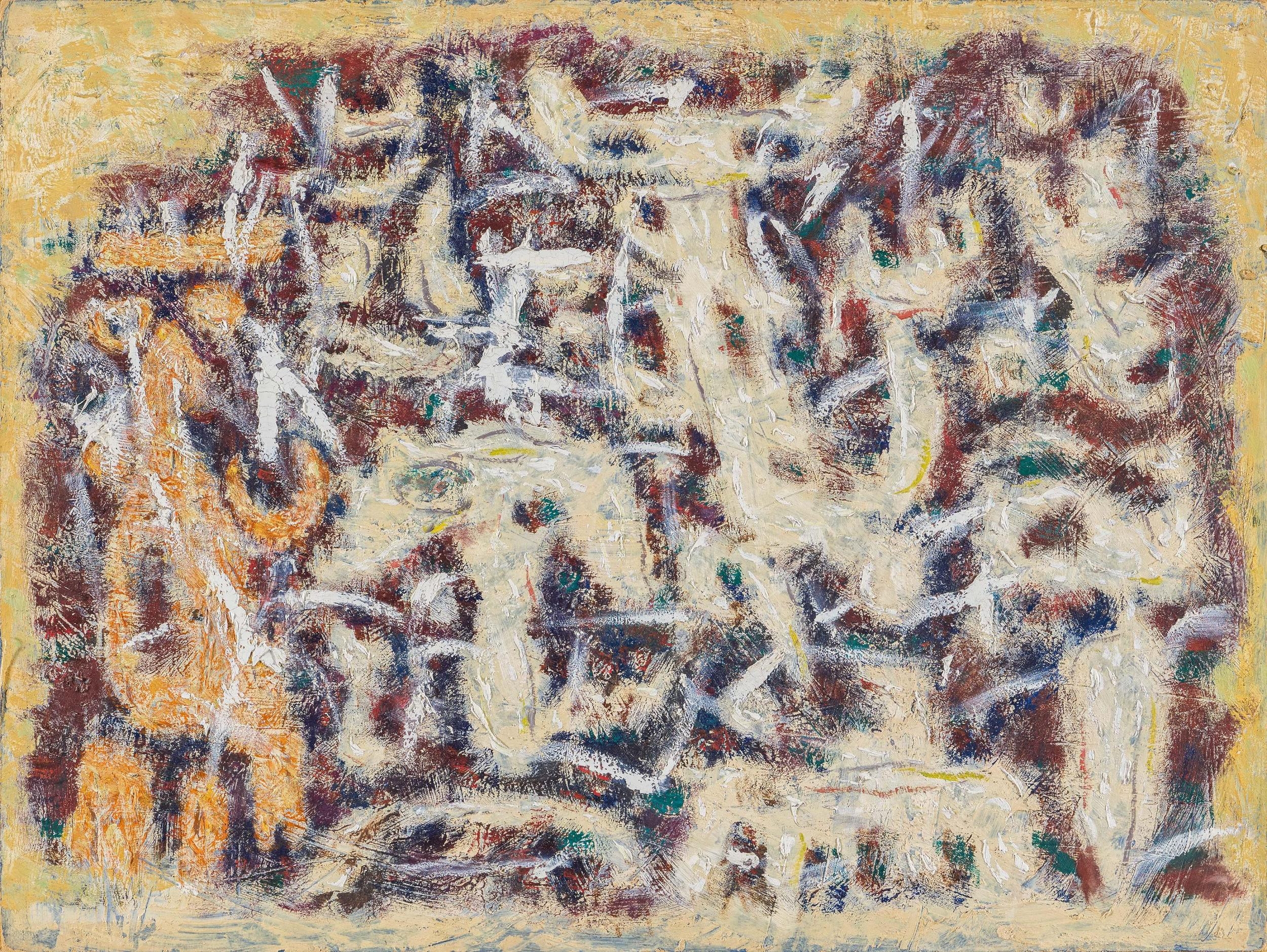 Artwork by Willi Baumeister, Helle Figuren auf Dunkel., Made of Oil on card