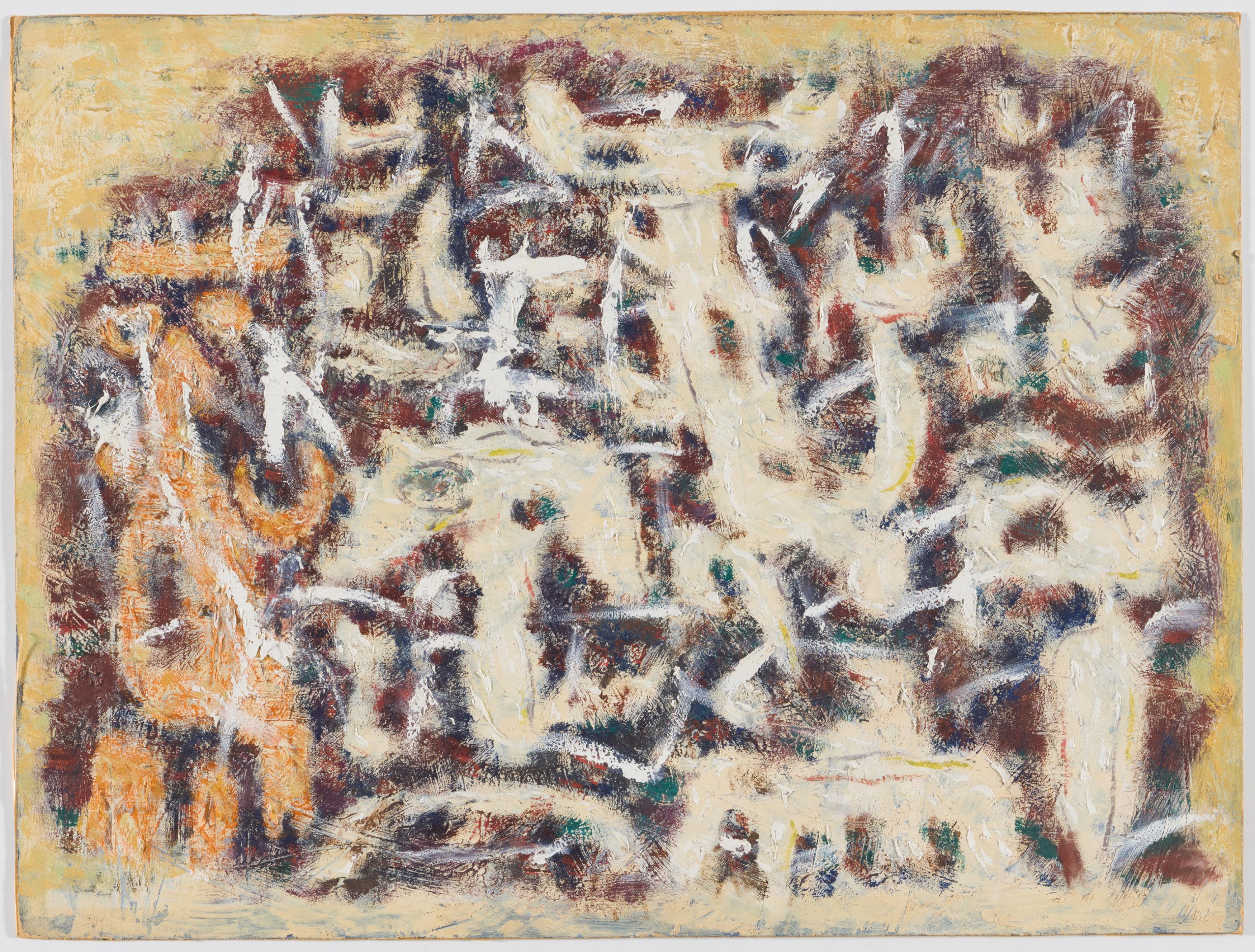 Artwork by Willi Baumeister, Helle Figuren auf Dunkel., Made of Oil on card