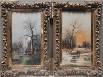 Winter scene with figures on a frozen river; and Wooded landscape - R. Ducat