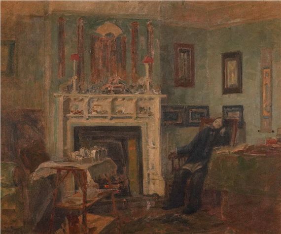A gentleman seated in an interior by a fire by Bloomsbury Group