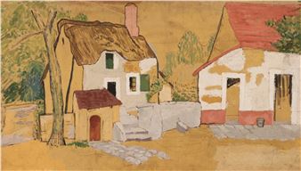 A warm-toned landscape painting of rustic cottages with thatched roofs and stone walls.