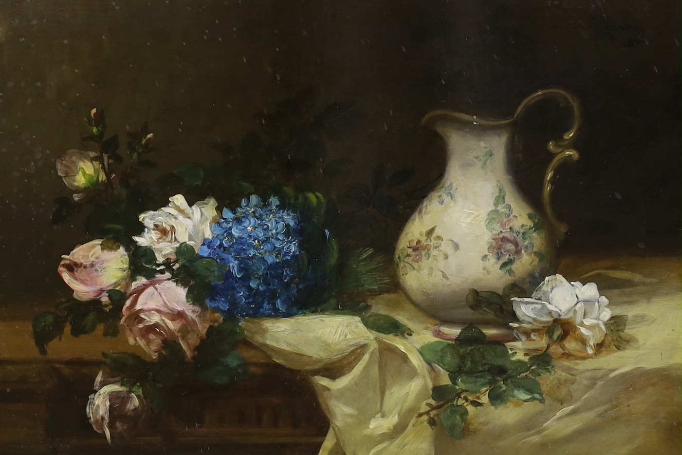 Alfred Rouby | Still life of flowers and a jug upon a table top | MutualArt