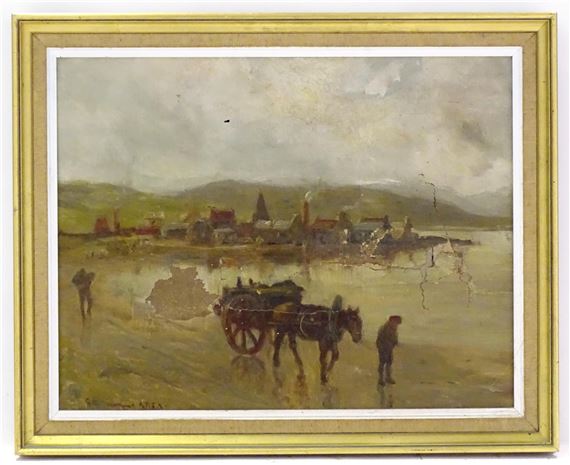 A moody landscape painting of a riverside town with figures and a horse-drawn cart in the foreground.