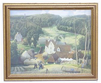 A  titled Hay Time in the Cotswolds, depicting a country landscape with farmers at work. Facsimile signature J Bateman lower right. Approx." x" - J. Bateman
