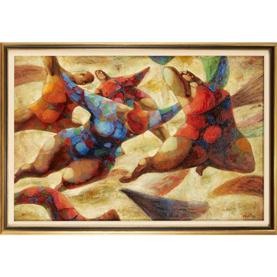 A dynamic abstract painting of figures in motion against a warm, textured background.