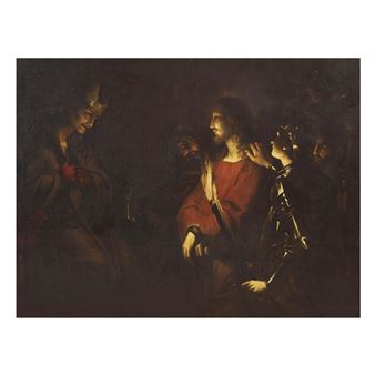A dramatic Baroque-style painting depicting a central figure in red being confronted by armored soldiers and a robed man.