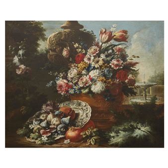 STILL LIFE WITH FLOWERS IN A VASE, FIGS AND A POMEGRANATE - Gasparo Lopez