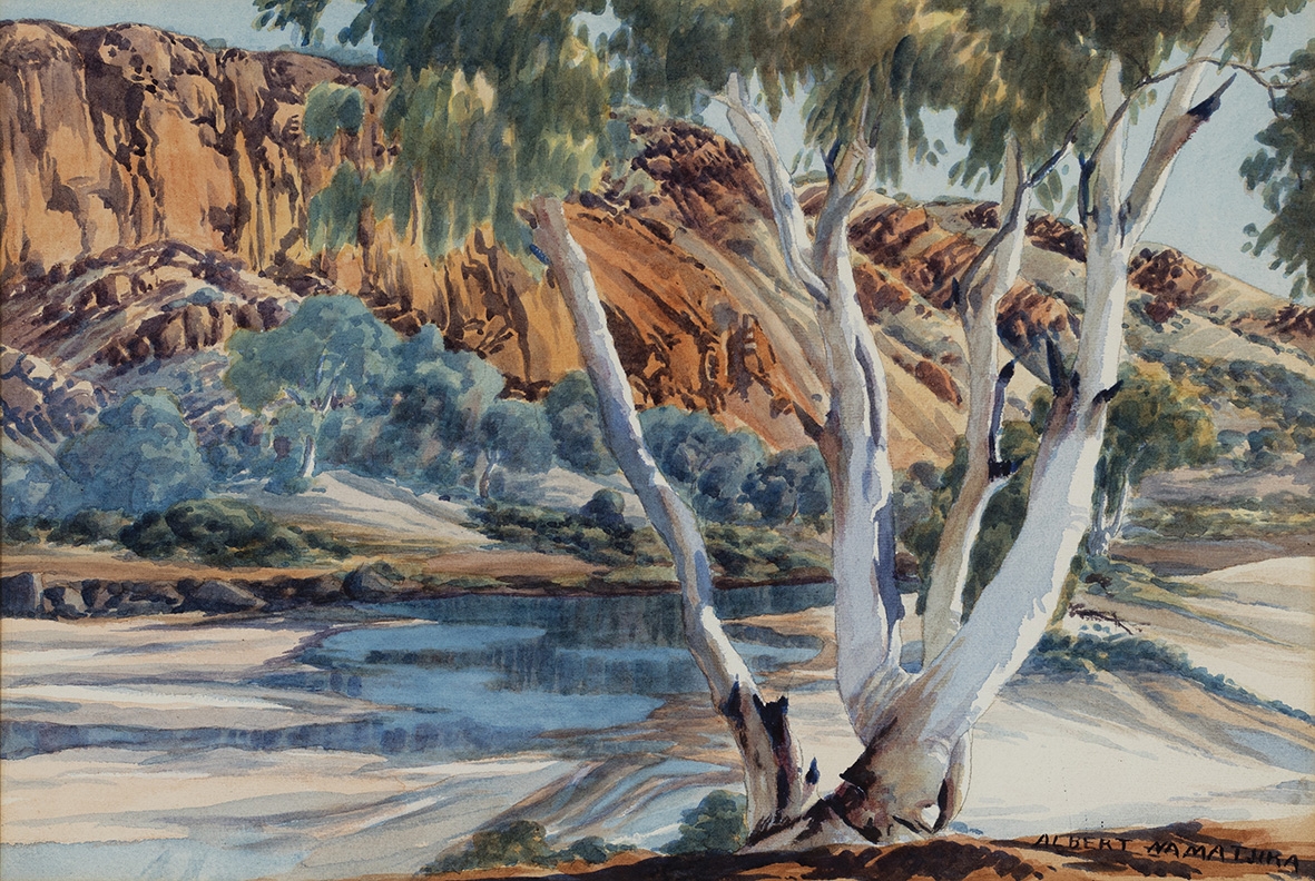 Artwork by Albert Namatjira, Waters of the Finke, Made of watercolour over pencil on paper