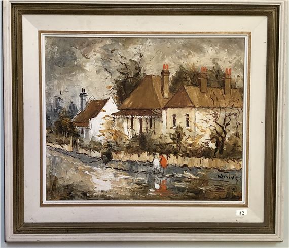 A moody watercolor of a rural village with figures in the foreground.