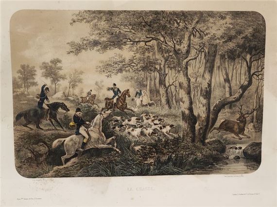 The arrival to the appointment. The hunt. The deer in the water. The curse. The return to the castle. Suite of five engravings in colors after A. de la Devansaye. Size : 44 x 59 cm (Wetness). - Auguste de la Devansaye