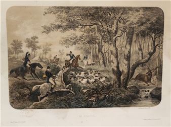 The arrival to the appointment. The hunt. The deer in the water. The curse. The return to the castle. Suite of five engravings in colors after A. de la Devansaye. Size : 44 x 59 cm (Wetness). - Auguste de la Devansaye