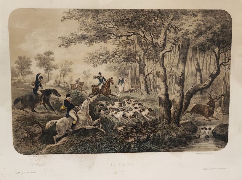 Artwork by Auguste de la Devansaye, The arrival to the appointment. The hunt. The deer in the water. The curse. The return to the castle. Suite of five engravings in colors after A. de la Devansaye. Size : 44 x 59 cm (Wetness)., Made of engravings