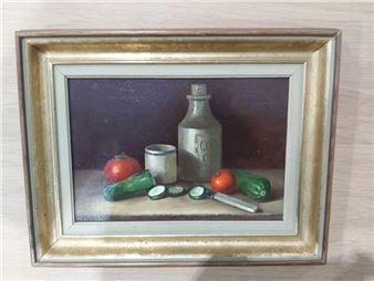 Still life of an oil jar and vegetables on a ledge - Joyce Seddon