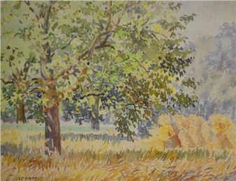 Arbres et meules de foin. Aquarelle signée en bas à gauche. 25 - Hans Otto Spreng