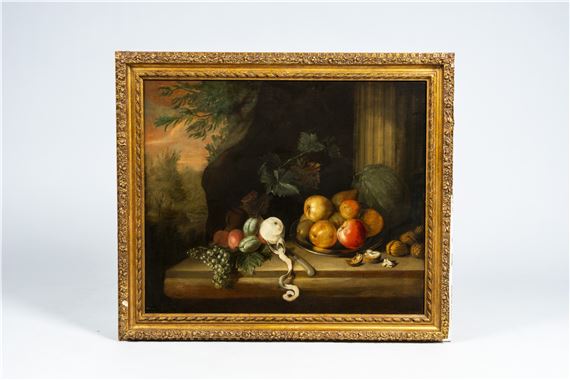 Still life with fruit and walnuts in a park setting by German School, 18th Century