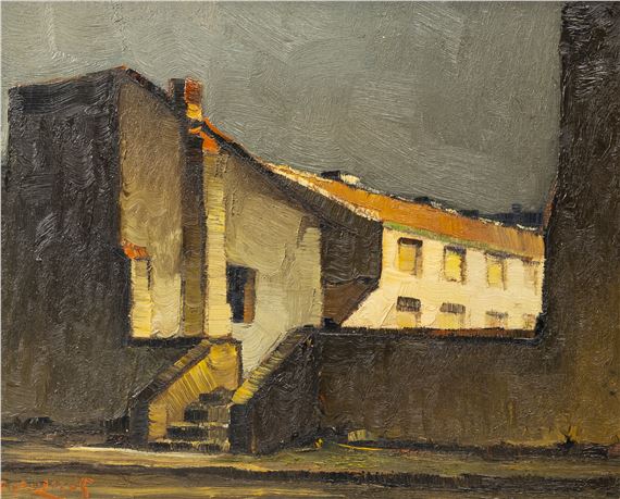 A cityscape and caravans in a snowy landscape by Piet Lippens