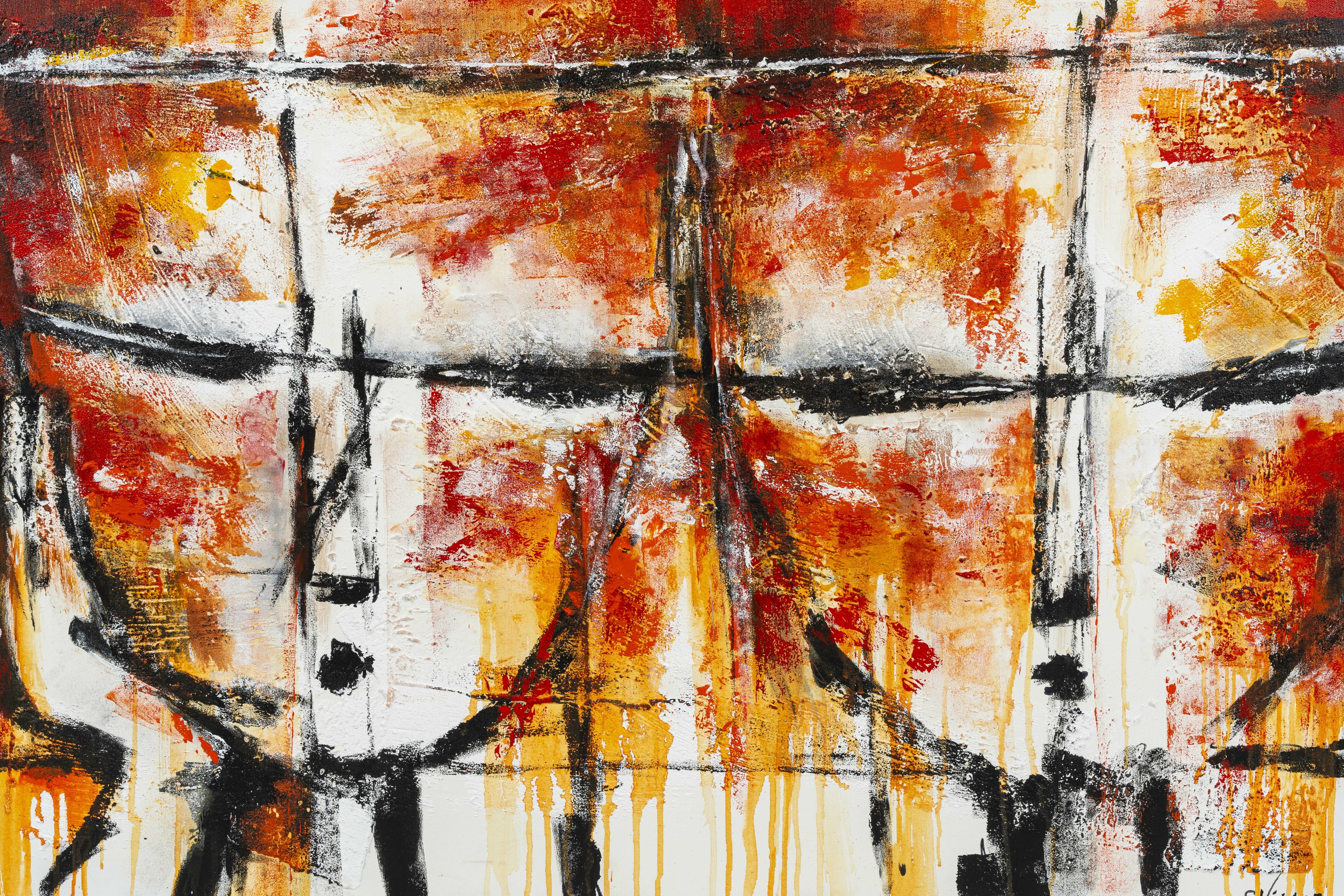 An abstract canvas featuring a grid of warm-toned, dripping paint with black linear structures.
