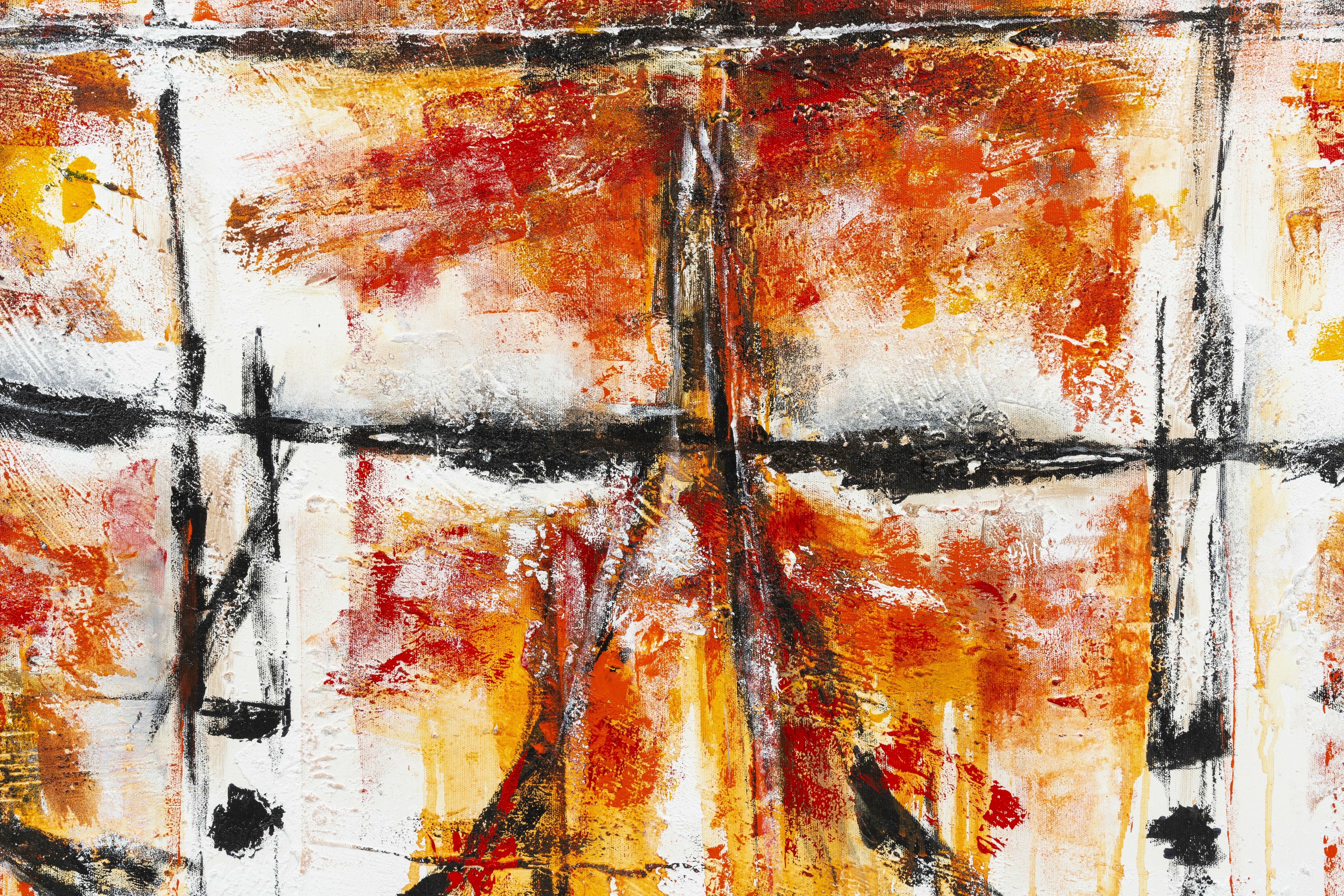 An abstract canvas featuring a grid of warm-toned, dripping paint with black linear structures.