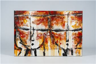 An abstract canvas featuring a grid of warm-toned, dripping paint with black linear structures.