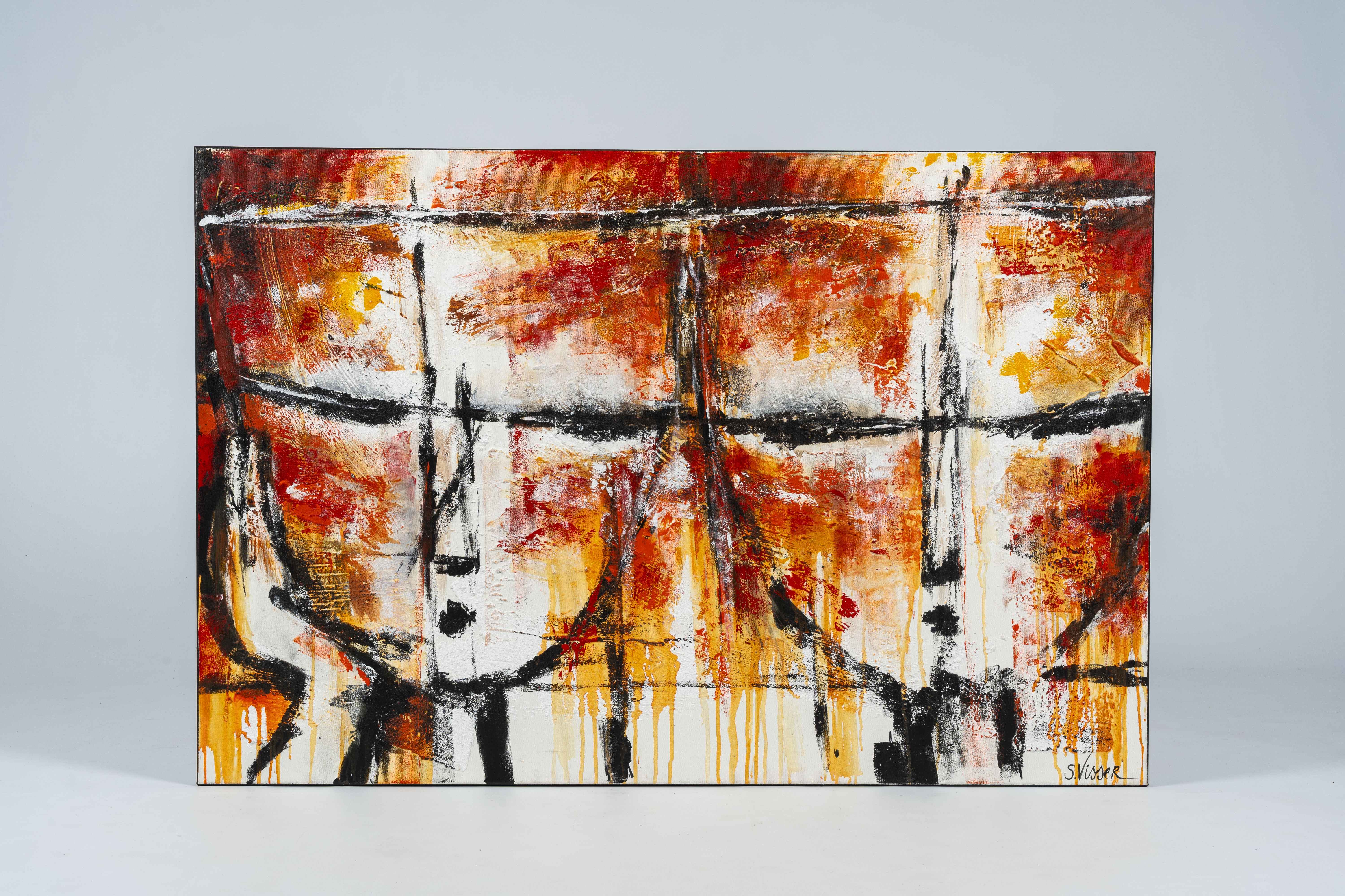 An abstract canvas featuring a grid of warm-toned, dripping paint with black linear structures.